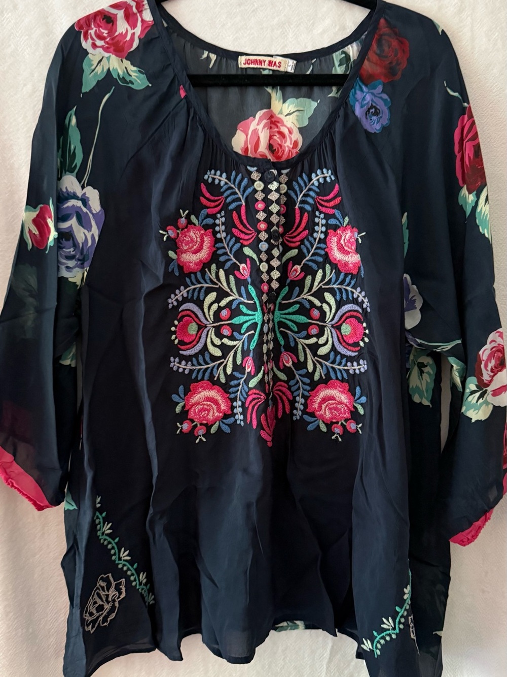 Johnny Was Navy Floral Embroidered Tunic Top